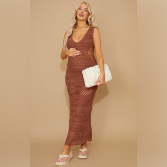 Maternity Chocolate Distressed Side Crochet Maxi Dress - Picture 1 of 1